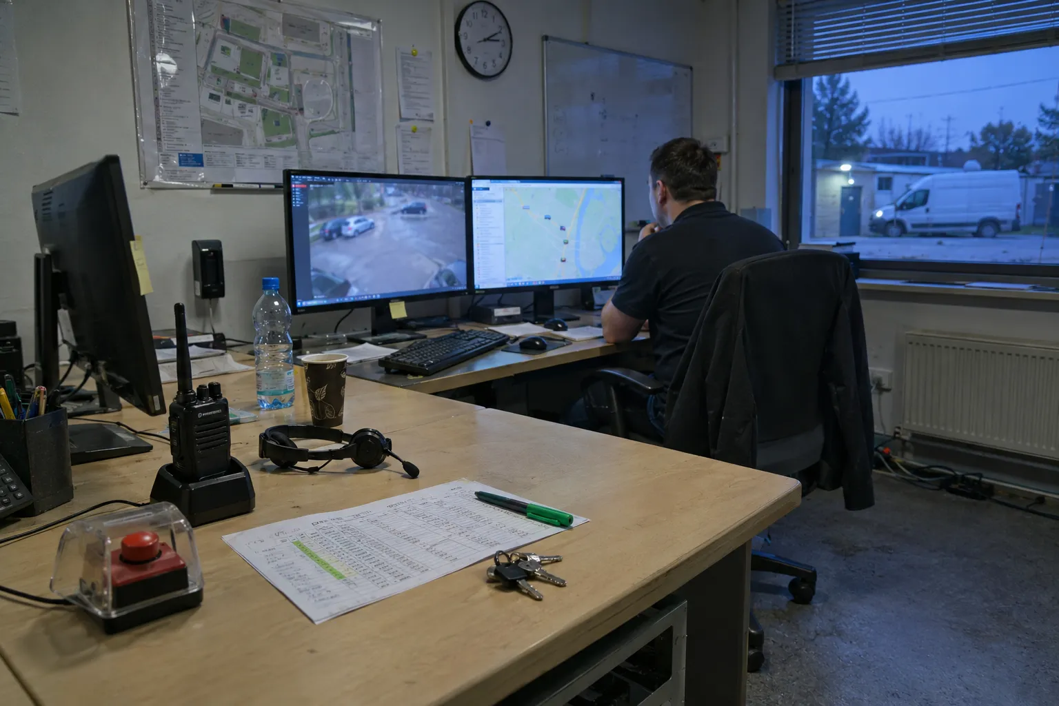 Candid documentary photograph of the video monitoring workplace of a Slovak security company